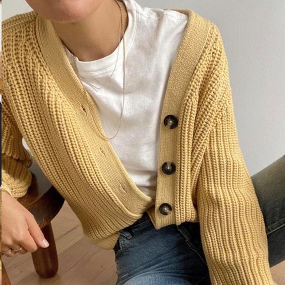 Everlane The Cotton Texture Cardigan Knit Chunky Sweater Butter Yellow Medium - Picture 2 of 7
